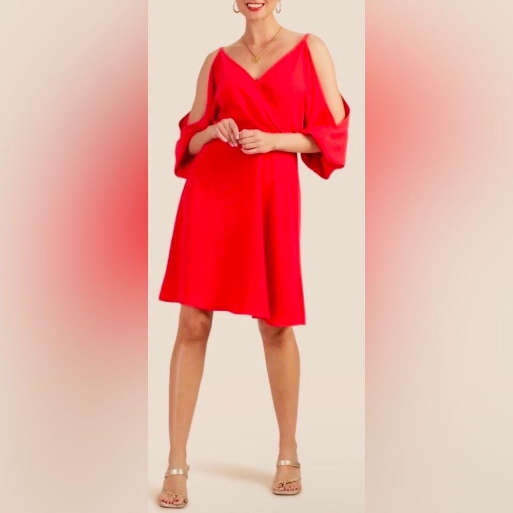 Trina Turk cold-shoulder midi dress. Balloon sleeves. Red. 8. Party, cocktail - Picture 4 of 11